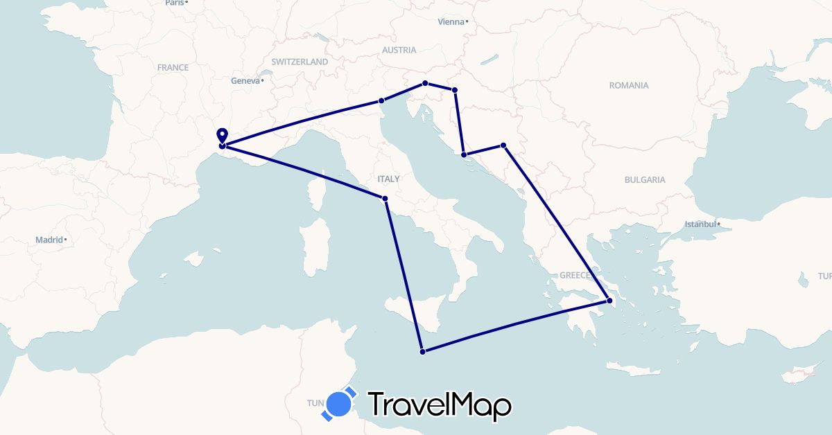 TravelMap itinerary: driving in Bosnia and Herzegovina, France, Greece, Croatia, Italy, Malta, Slovenia (Europe)
